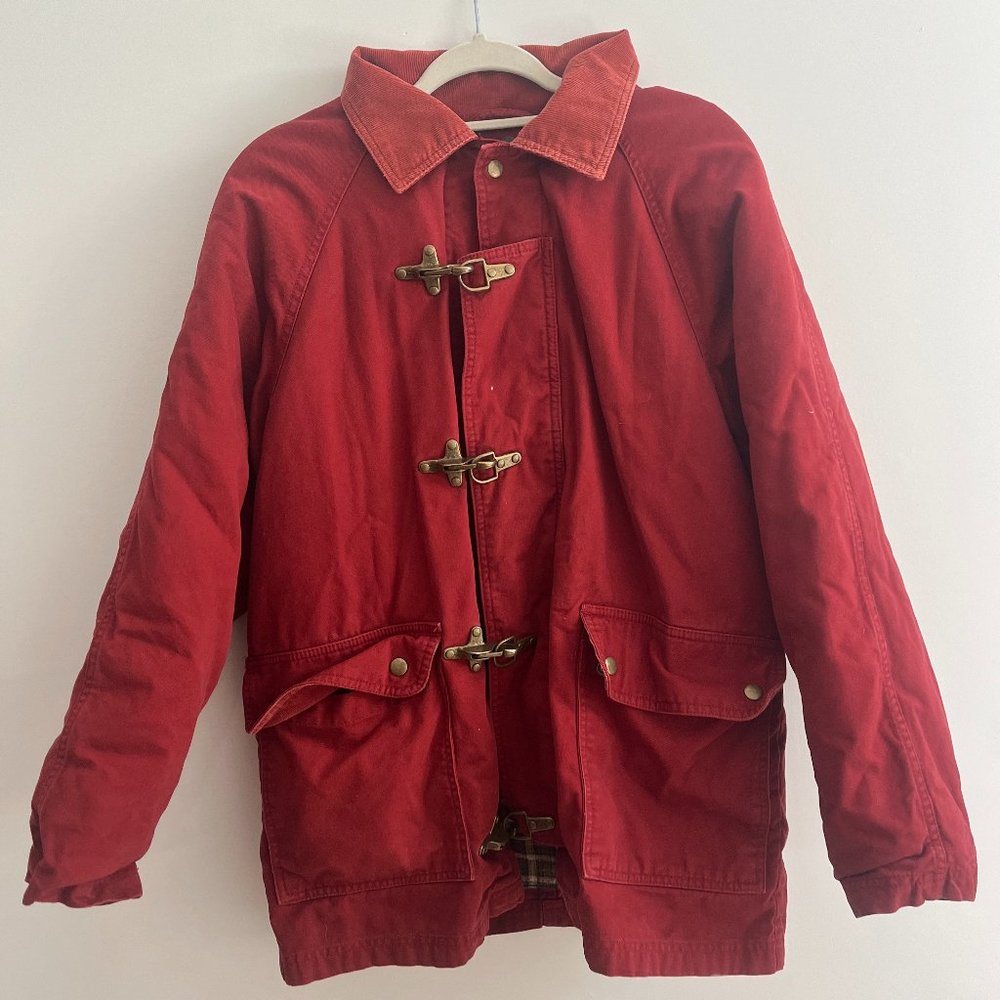 VINTAGE men's small woolrich red hunting jacket with clasps & plaid wool lining